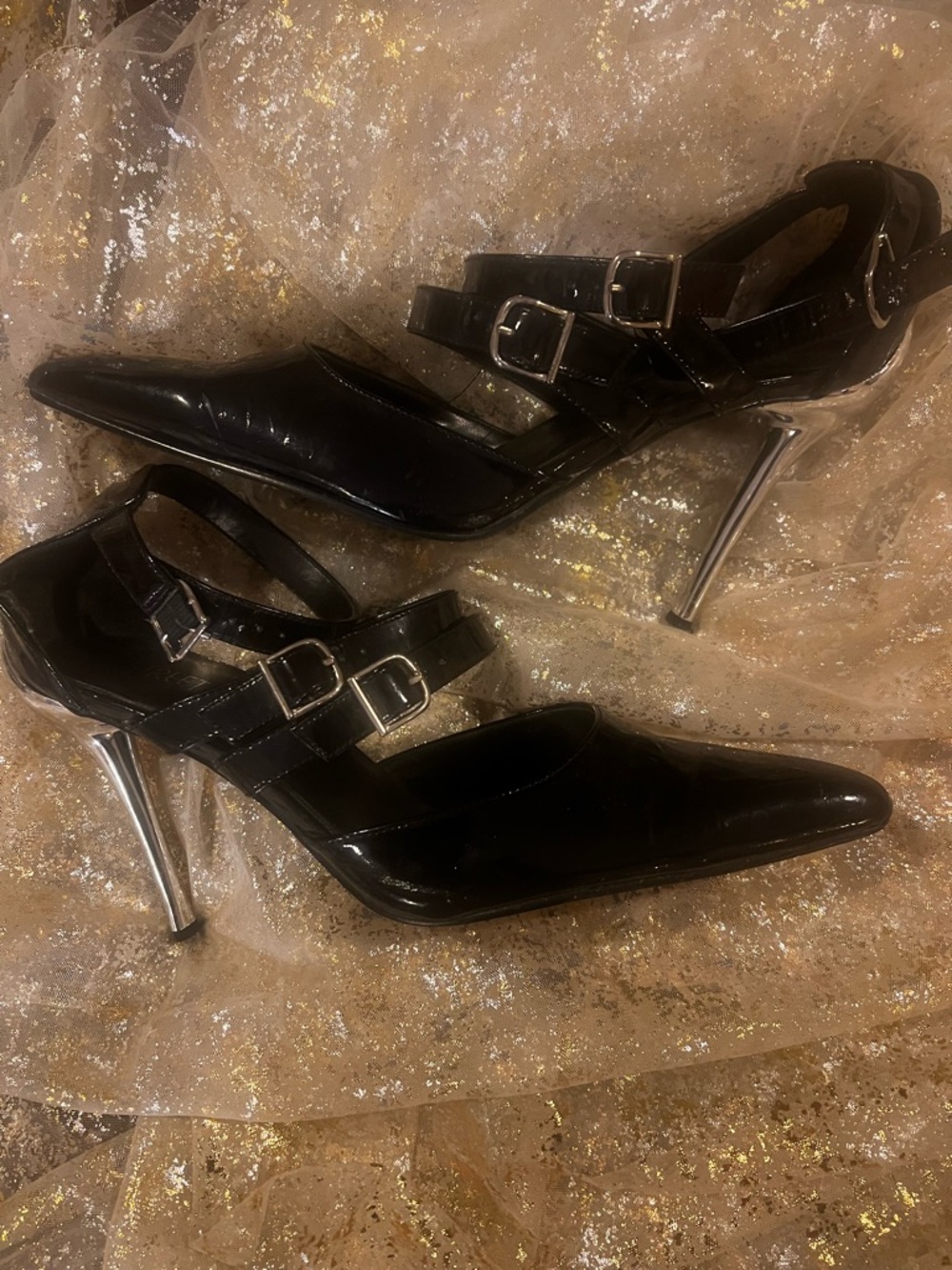 Patent Black Pointed-Toe Buckle Stiletto Heels